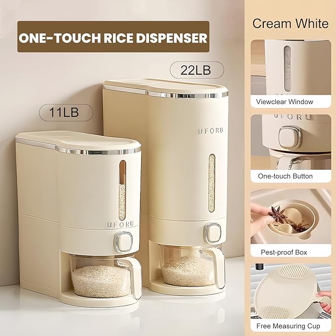 Rice Dispenser, Rice Storage Container with Measuring Cup for Kitchen Pantry Household, Dry Food Storage Containers Airtight, Sealed Moisture Proof, 11 Lbs