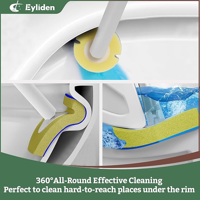Eyliden Disposable Toilet Brush and Plunger Combo | 2-in-1 Toilet Bowl Wand Kit - 10 Count Pre-Soaked Refill Heads, 3-Step Plunger, Storage Holder - Compact Toilet Cleaning System (White)