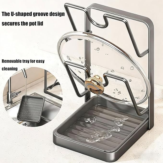Kitchen Pot Lid Storage Rack, Stainless Steel Pot Lid Organizer & Holder, Lid and Spoon Rest with Drip Tray While Cooking, Space Saving for Countertop, RV, and Small Kitchens (Gray)