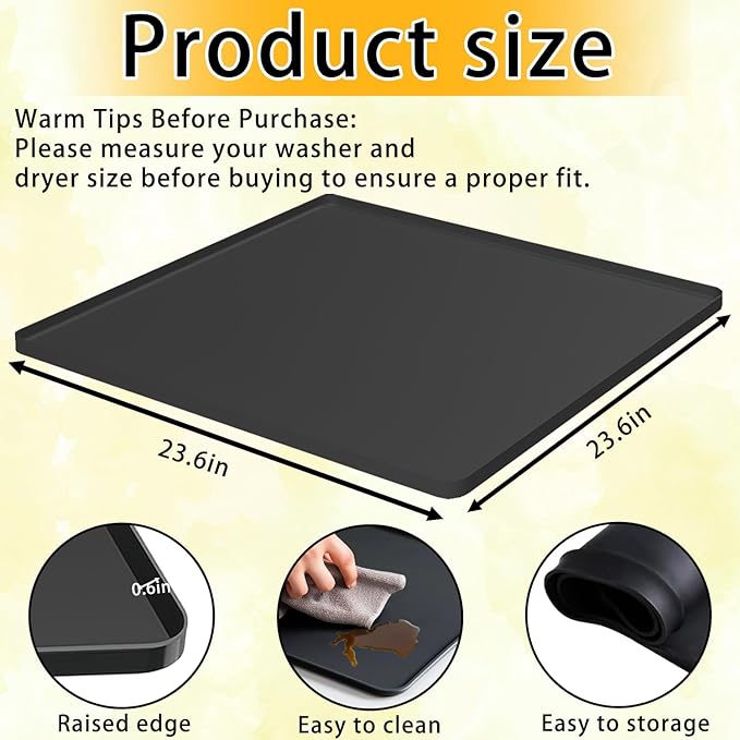 Washing Machine Pan with 4 Anti-Vibration Foot Pads – 23.6"x23.6",Non-Slip, Waterproof, Laundry Appliance Floor Protector Set –Noise Reduction Leak Prevention -Washer Soft Silicone Bottom Mat