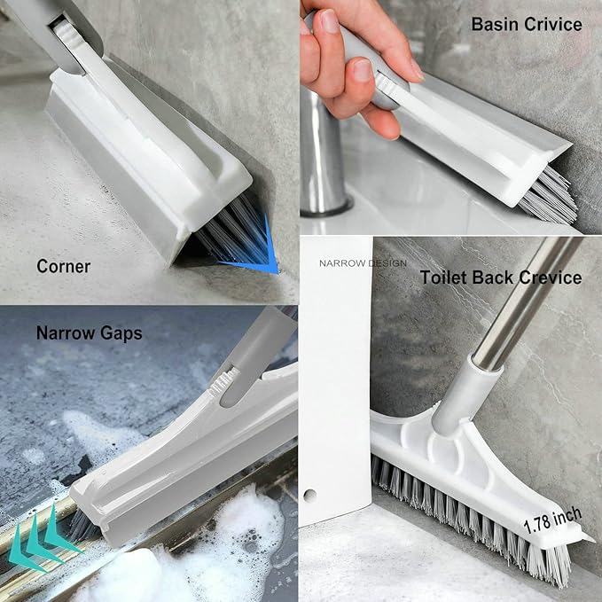 Magic Broom 2 in 1 Scrub Brush with Long Handle, V-Shape Stiff Bristle Brush Scraper, Squeegee and 120 Rotating Head for Bathroom, Glass and Wall Cleaning