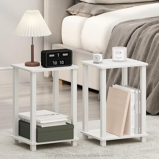 Furinno Simplistic Night Stand Set of 2, 2-Tier Small Nightstand with Open Shelf, Toolless Bedside Table, End Table, Side Table, for Bedroom, Living Room, White