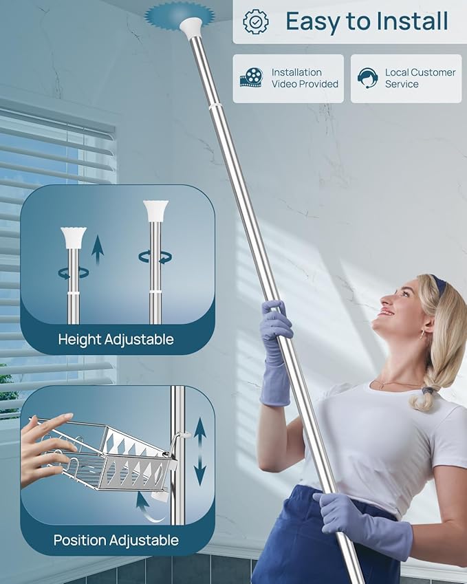 SEIRIONE Corner Shower Caddy Tension Pole, 34 to 116 Inch Height, 4 Adjustable Shelves, Chrome