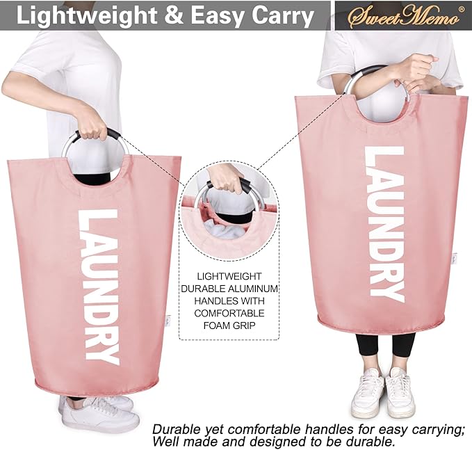Large Laundry Basket Collapsible，Freestanding Clothes Hamper Bag with Handles – Tall Folding Dirty Laundry Bin，Sturdy Laundry Sorter for College Dorm，Laundry Room – 95L (Pink)