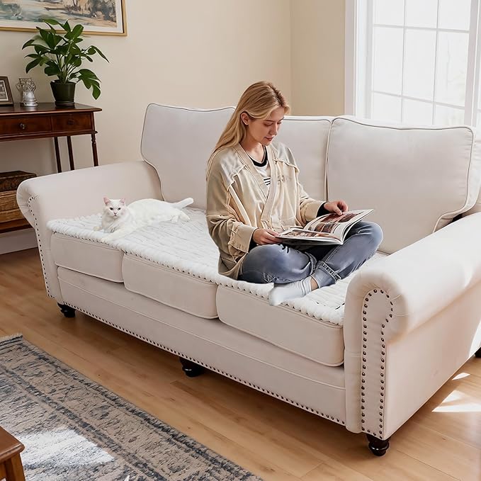 Waterproof Couch Cover for Dogs Washable,Non Slip Fuzzy Durable Couch Covers for 3 Cushion Sofa Pet Friendly Sofa Cover Dog Thick Soft Slipcovers Protector Couches Mat Bed (White, 27.6" x 70.9")