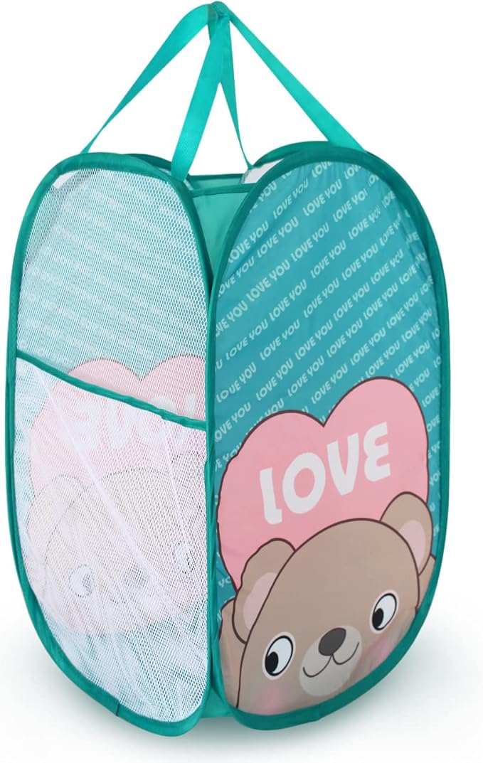 Cute Foldable Pop Up Hamper - Mesh Laundry Basket Durable Handles Toys Tidy Clothes Socks Storage Bag (Blue Elephant)