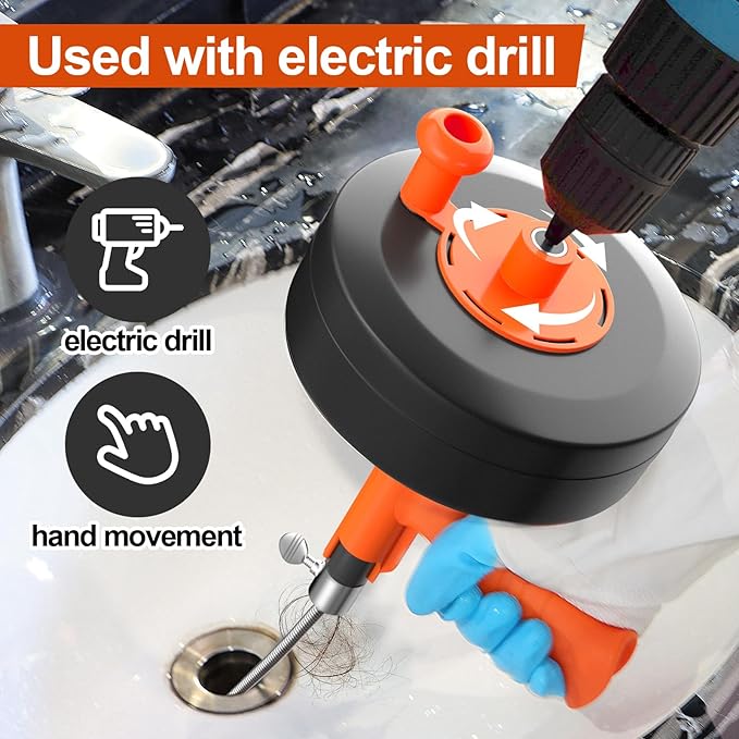 KINGLEV Drain Snake, 50ft Flexible Steel Drain Auger With Drill Adapter, Heavy Duty Sink Plumbing Unblocking Hand Auger, Manual Or Powered for Shower & Bathtub Clogs-No auto retract or feed