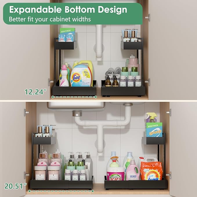 Expandable Under Sink Organizer, 2-Tier Under Cabinet Organizer, Height Adjustable Pull Out Rack for Kitchen Bathroom Laundry, Black, 1 Pack