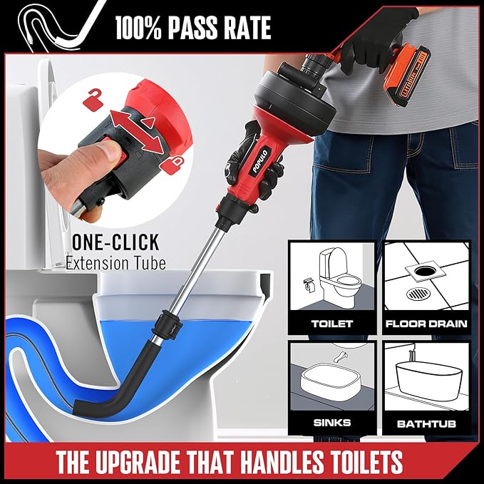 POPULO 17FT Auto Feed Drain Snake, Upgraded Toliet Auger, Plumbing Hair Drain Clog Remover with Extension Tube for Toliet, Shower, Bathtub, Kitchen, Sink，2025 PMDA-G2