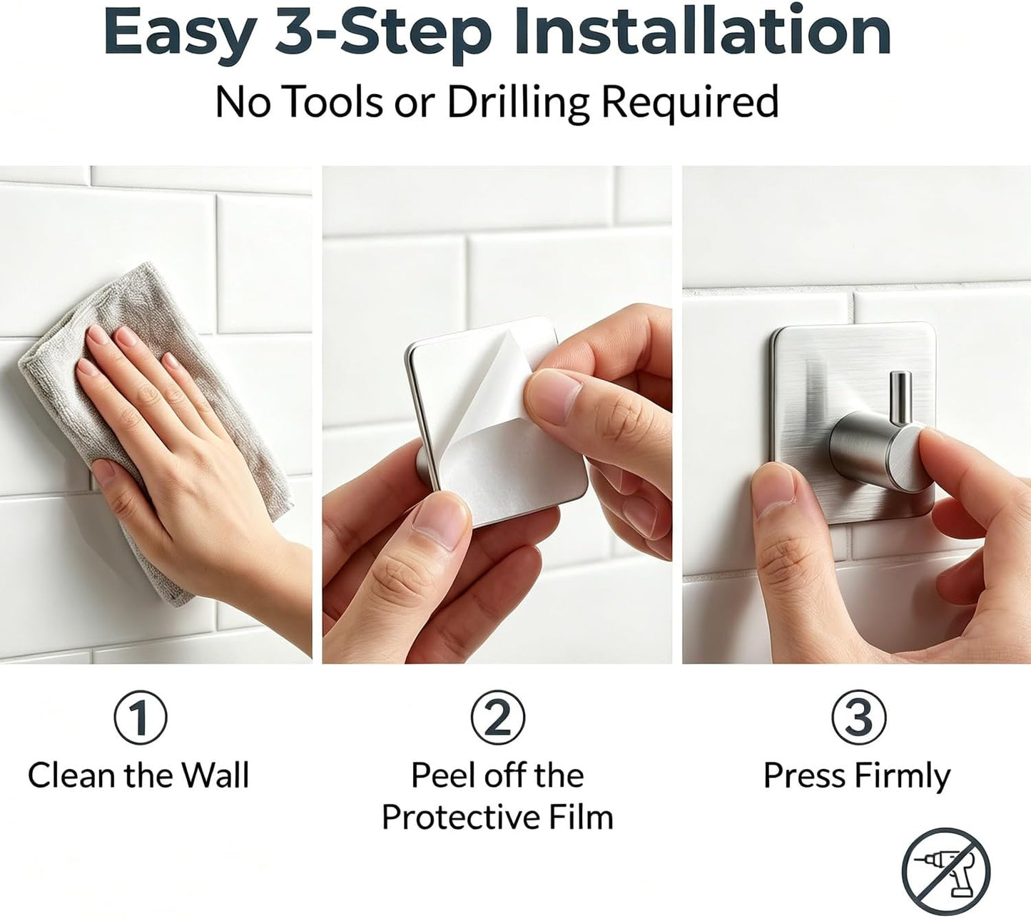 Adhesive Wall Hooks Stainless Steel 6-Pack — No-Drill, 15 lbs Heavy Duty for Bathroom, Kitchen & Entryway