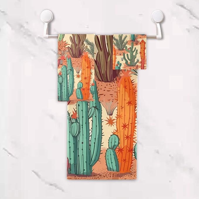 3 Piece Western Desert Cactus Bath Towels Set,Microfiber Absorbent Tropical Orange Green Succulent Towels for Bathroom,1 Bath Towel,1 Hand Towel,1 Washcloth,Decorative Guest Bathroom Towels