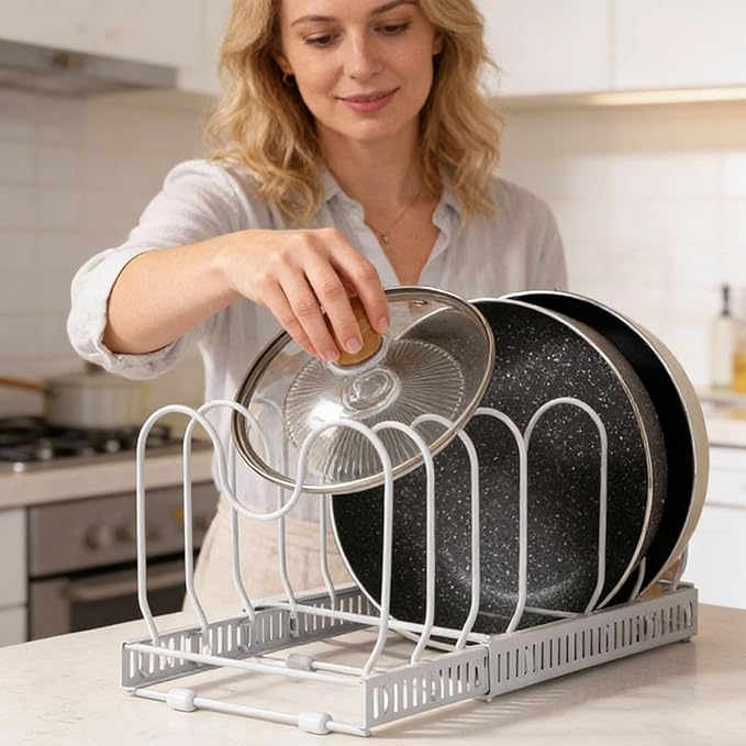 Expandable Pot and Pan Organizer Rack with 10 Adjustable Compartments, White Kitchen Cabinet Organizer for Lid, Bakeware, Cutting Board, Pantry & Countertop Storage