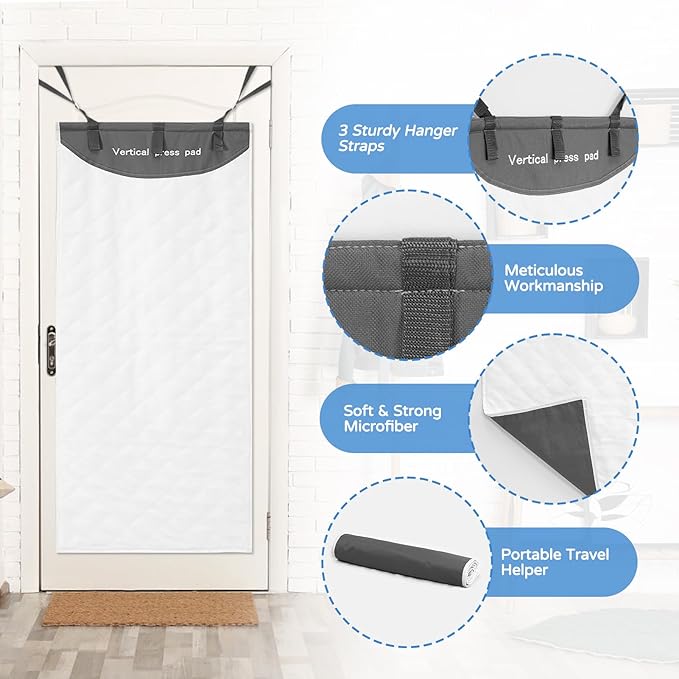 Over The Door Press Pad, Vertical Mounted Clothes Steamer Shield with Protective Glove, Heatproof Mat for Handheld Garment Care Tools, Gray and White