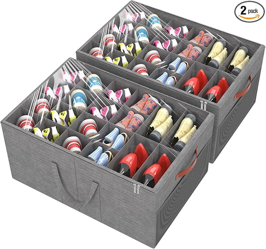 Aokeyee 2 Pack Shoe Organizer for Closet, Large Shoe Storage Box Fits up to 48 Pairs, Space Saving Foldable Shoes Organizer Bin w/Clear Cover and 4 Reinforced Handles, Grey