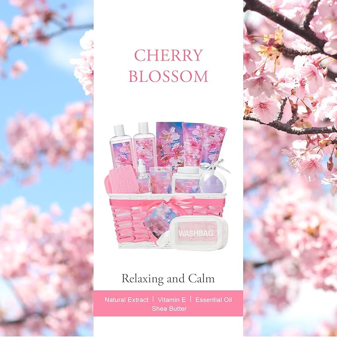12 Pcs Bath & Body Gift Set Basket for Women, Cherry Blossom Bath and Body Gift, spa kit Skin Care Set, Self Care Pampering Kit, Diffuser, Home Spa, cosmetic Bag, Birthday, Mother Day, Bridal Shower
