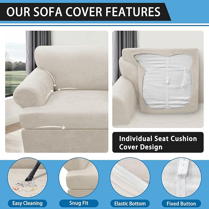 3-Pieces T Cushion Sofa Slipcovers Leather Look Couch Cover for 2 Cushion Couch Furniture Protector Stretch Sofa Cover with 2 Individual T Cushion Seat Covers Washable, Beige