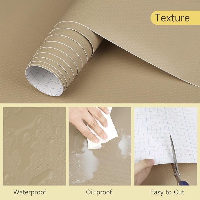 WochiTV Adhesive Shelf Liner 23.6 X 360 Inches Peel and Stick Kitchen Liner for Cabinets, Drawers Removable Protector Mat Waterproof Contact Covering for Dresser Pantry Countertops Shelves, Khaki