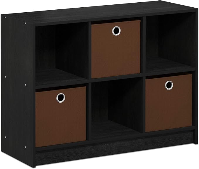Furinno BASIC Book Shelf, 6-Cube Bookshelf with Open Shelf, 3 x 2 Bookcase with Storage Bins, Closed Back, Horizontal, 11.9" x 31.6" x 23.6", for Living Room, Bedroom, Home Office, Americano