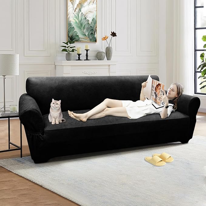 Couch Cover Leather Look 3 Seater Couch Sofa Cover 1-Piece Sofa Slipcover Stretch Furniture Protector with Elastic Bottom & Pockets(Sofa, Black)