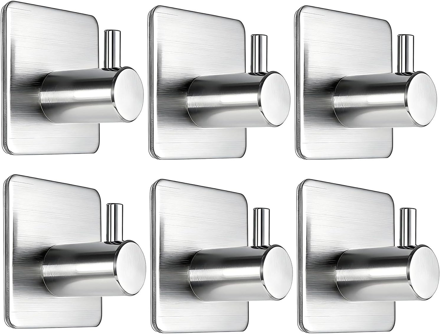 Adhesive Wall Hooks Stainless Steel 6-Pack — No-Drill, 15 lbs Heavy Duty for Bathroom, Kitchen & Entryway