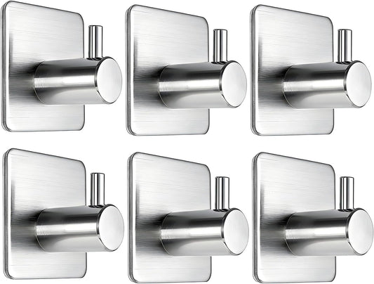 Adhesive Wall Hooks Stainless Steel 6-Pack — No-Drill, 15 lbs Heavy Duty for Bathroom, Kitchen & Entryway