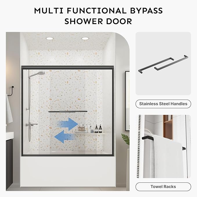 Bathtub Shower Door - 58-60" W×59" H Adjustable Aluminum Frame - 1/4 Tempered Glass - 4 Aluminum Rollers - Sliding Glass Door for Tub