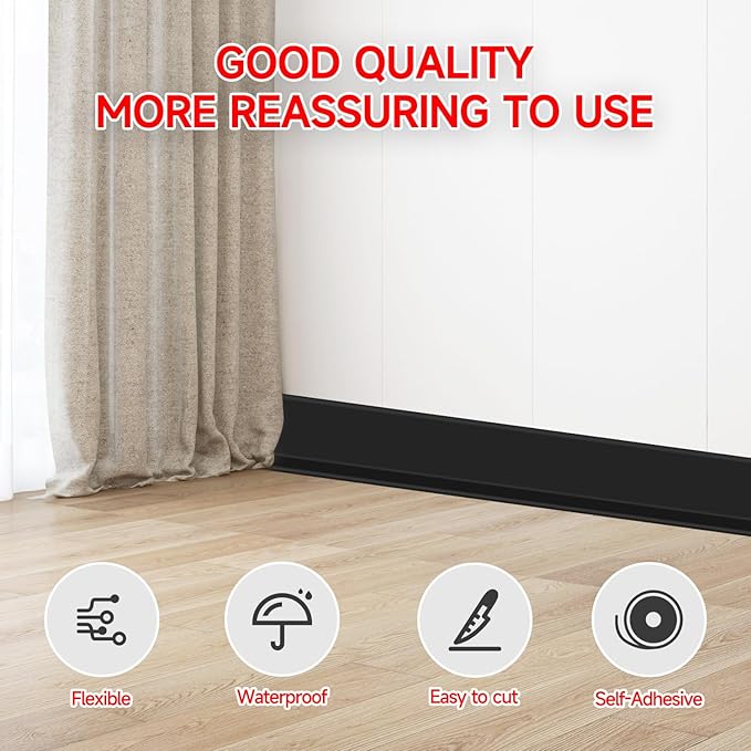 Flexible Baseboard Molding Trim 3 Inch(W) x 66 Feet(L) Self Adhesive Vinyl Wall Base Peel and Stick Cove Base,Rubber Wall Base. (Black)