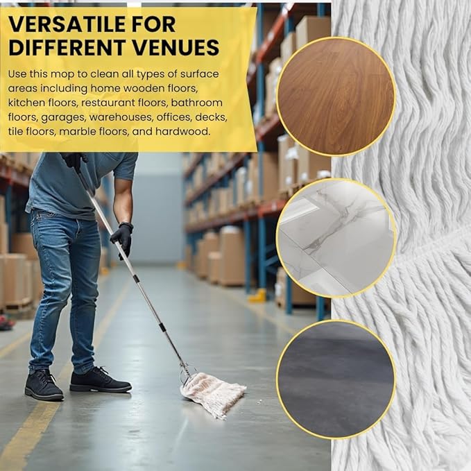 Heavy Duty Commercial Industrial Mop，59in Looped-End String Wet Cotton Mops for Floor Cleaning，Suitable for Home, Workshop and Garage Floor Cleaning Including 2 Mop Head Replacements (Blue + White)