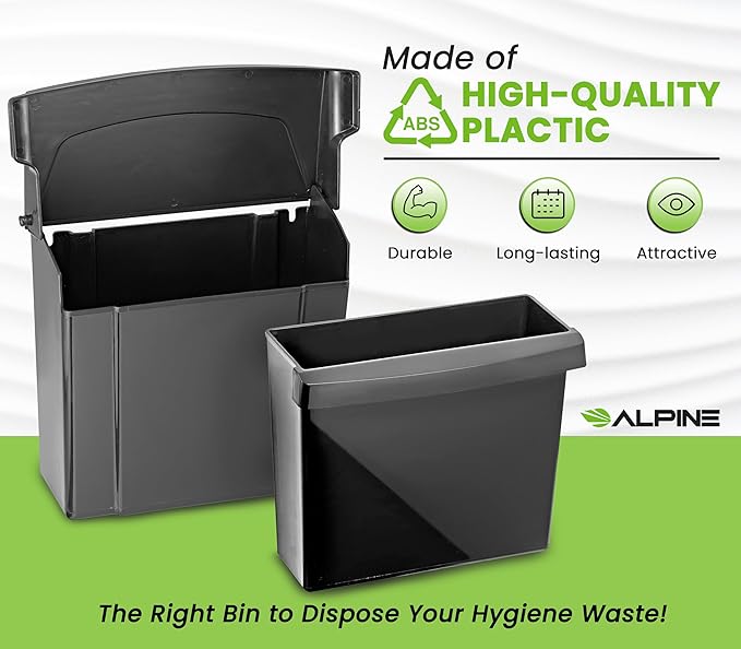 Alpine Sanitary Napkin Receptacle - Feminine Hygiene Disposal Container, Wall Mounted Trash Can with Odor Control Seal & Installation Hardware (Black)