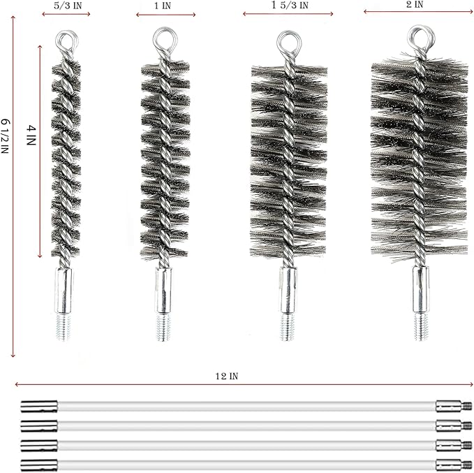 50 in Pipe Cleaning Brush Set with Stainless Steel Bristles, Wire Brush with 4 Flexible Rods, Stainless Steel Pipe Brush 4pcs for Auto Parts, Bottles, Tubes. (3/5, 1, 1 3/5, 2 in Brush Heads)
