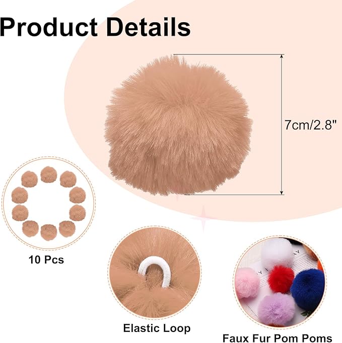 uxcell 2.8 Inch Faux Fur Pom Pom Balls, 10 Pcs Khaki Fluffy Soft Faux Fur Pom Poms for Hats with Elastic Loop for DIY Knitting Hats Keychain Scarves Gloves Bags Shoes Accessories