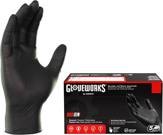 GLOVEWORKS Black Nitrile Gloves 5 Mil Disposable, Latex Free, Textured Grip for Food Service, Cooking, Professional Cleaning