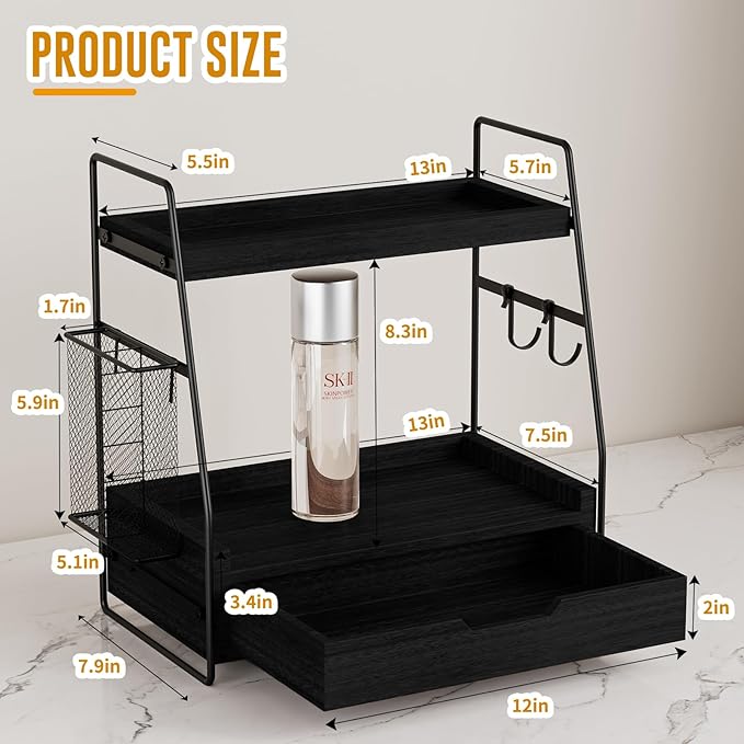 2 Tier Bathroom Counter Organizer Wood - Tiered Bathroom Countertop Shelf with Drawer, Removable Basket & 2 Hooks, Makeup Vanity Organizer for Skincare Perfume Toiletries, 13'' Black