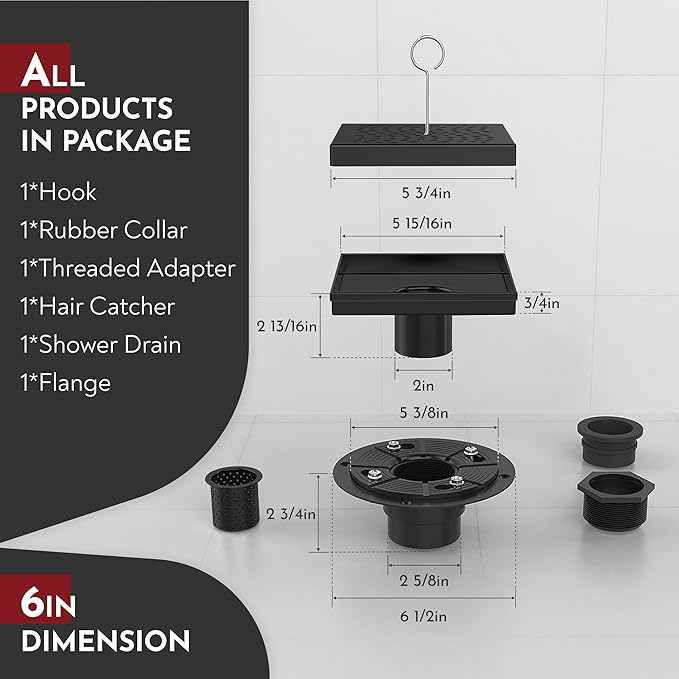 WEBANG 6 Inch Square Shower Drain Black Floor Drain with Flange Wave-Hole Pattern Cover Grate Removable SUS304 Stainless Steel Watermark&CUPC Certified Matte Black