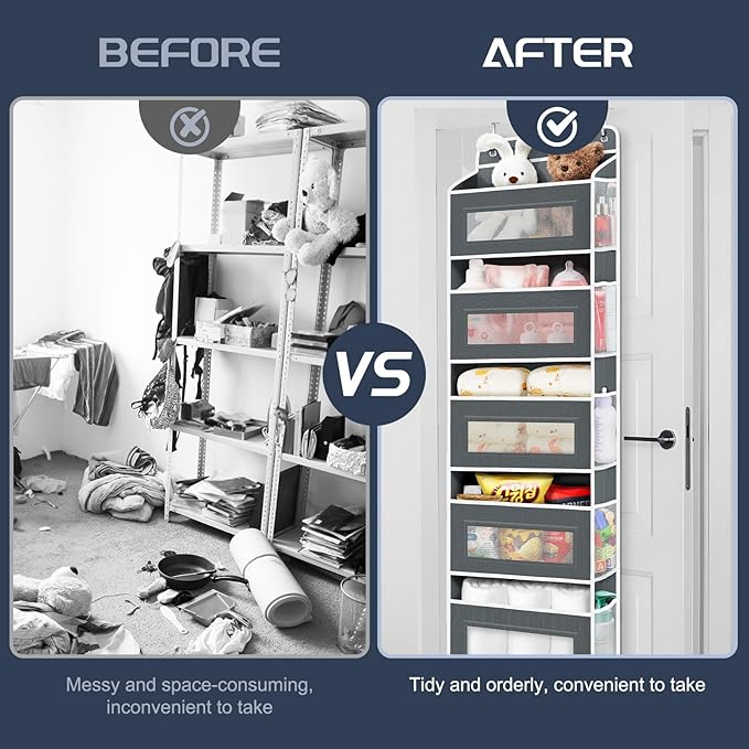 1 Pack 5-Tier Over the Door Organizer with 5 Large Side Pockets, 40lb Ultra Sturdy Large Capacity Behind the Door Storage, Stuffed Animal Storage for Pantry Bathroom Closet Baby Essentials(Grey)