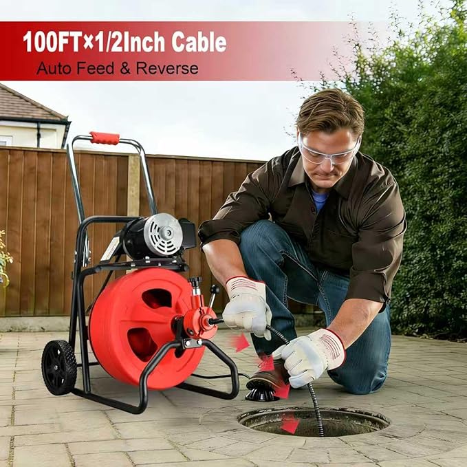 GENGEL PIPE VEDC-100 Electric Drain Snake Auger, 100ft x 1/2"Heavy Duty Cable,1800RPM Auto-Feed Foot Pedal,8-Piece Cutter Set + Hex Root Killer,8" Replaceable Wheel – Ideal for Sewer & Clogged Pipes