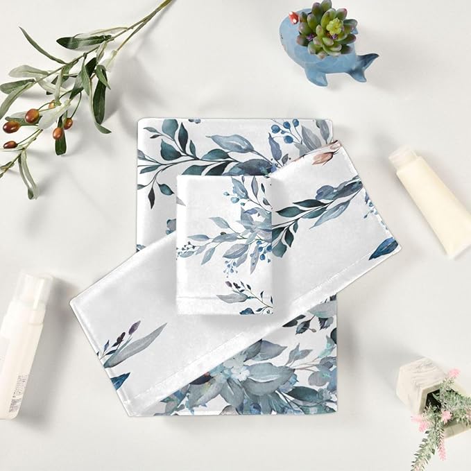 Blue Eucalyptus Bath Towel Set, 3 Piece Watercolor Blue Leaf Floral Spring Set, Absorbent Microfiber Decorative Towels for Hair, Face