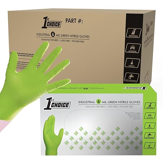 1st Choice 6 mil Green Gloves, Disposable, Latex Free, Raised Diamond Grip, Mechanic Glove for Men, XL, Case of 1000