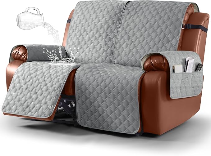 Ruaozz Waterproof Recliner Sofa Covers, 1-Piece Reclining Couch Covers Non-Slip Sofa Slipcover Washable Furniture Protector with Elastic Straps Pocket for Kids Pets (Light Grey, XL 2 Seater)
