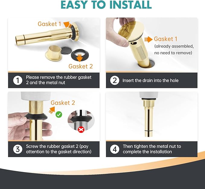 Gold Pop Up Bathroom Sink Drain with Overflow - Fits 1-5/8" to 2" Holes, 304 Stainless Steel for Vanity/Vessel Sink