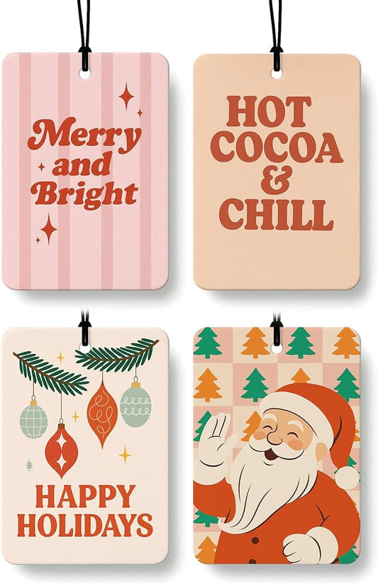 Boho Christmas Car Air Freshener 4 Pcs, Merry and Bright Santa Claus Xmas Holiday Hanging Air Freshener for Cars Closet Drawer Books, Christmas Car Accessories Mirror Decor for Women Girls