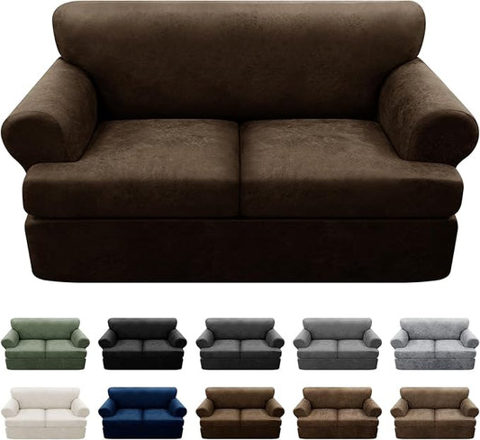 3-Pieces T Cushion Loveseat Slipcovers Leather Look Couch Cover Loveseat Covers for 2 Cushion Couch Furniture Protector Stretch Sofa Cover with 2 Individual T Cushion Seat Covers, Coffee
