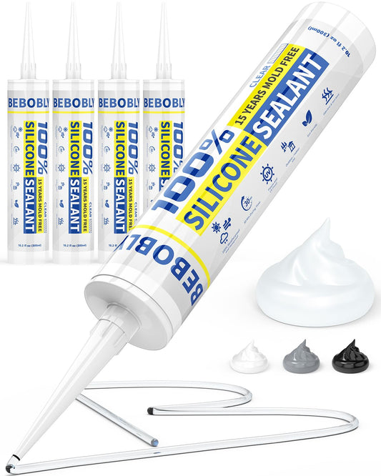 Clear Silicone Sealant – 100% Waterproof Caulk for Kitchen, Bathroom & RV (10.2 oz, 4-Pack)