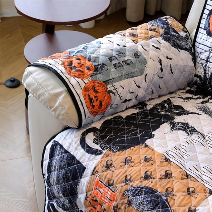 Cmfshape Halloween Skidproof Sofa Cover-Festival Sofa Slipcover with Elastic Straps-Easy Fit Slip Cover-Patchwork Washable Furniture Protector for Pets and Kids(Recliner,Black&Orange)