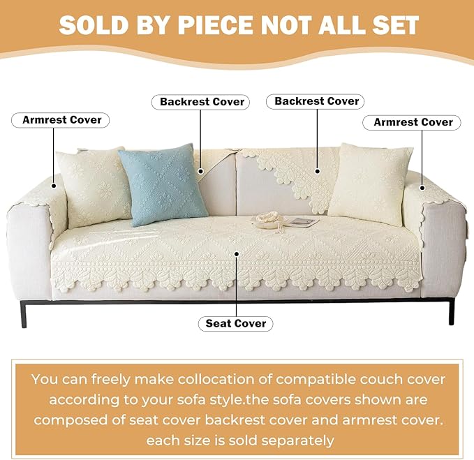 Cotton Quilted Dog Couch Cover for Sofa Farmhouse Rustic Embroidery Sectional Couch Cover Soft Anti-Slip Sofa Slipcover Furniture Protector for Kids, Pets (Ivory,43"x43")