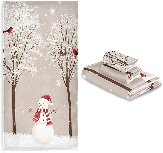 Pfrewn Winter Snowman Bird Tree Snow Towels Set of 3 Snowflakes Peach Christmas Bathroom Towel Soft Absorbent Bath Hand Towels Washcloth Guest Towel Sets Rustic Farmhouse Xmas Holiday Decor