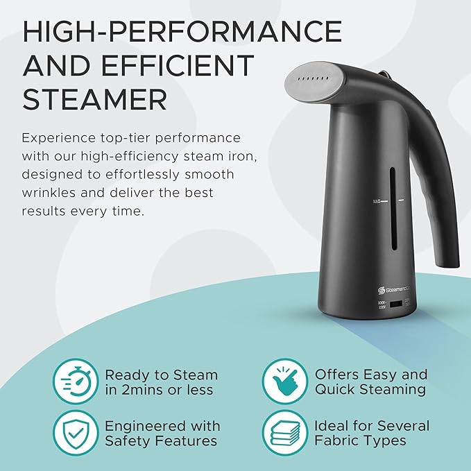 Steam & Go Portable Clothes Steamer - Compact Handheld for Shirts & Garments | Powerful Quick-Heating Corded Dual Voltage Travel Friendly - Black