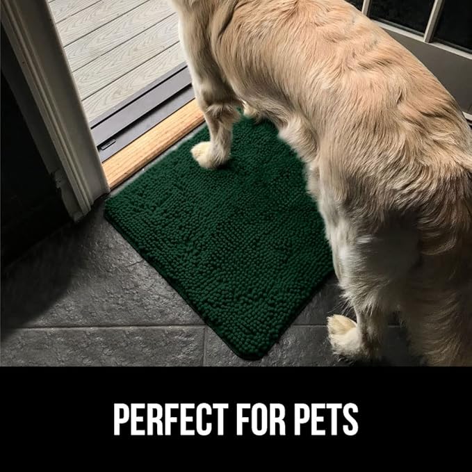 GORILLA GRIP SoakSTOPPER Dog Door Mat, 36x24 Machine Washable Rug Absorbent Doormat Captures Moisture Mud Dirt, Quick Dry Soft Chenille Entryway Rugs Indoor Entrance Mats for Dog Paws, Deep Green
