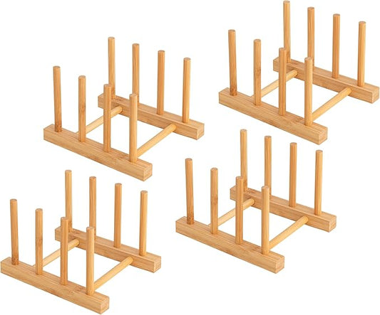 HBlife 4pcs Bamboo Dish Plate Bowl Cup Book Pot Lid Cutting Board Drying Rack Stand Drainer Storage Holder Organizer Kitchen Cabinet（Keep Dry）