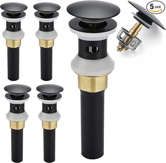 Bathroom Sink Drain,5 Pack Drain Stopper Bathroom Sink with Overflow,Pop Up Drain Assembly with Detachable Strainer Basket,Built-in Anti-Clogging Strainer,Stainless Steel Mattle Black